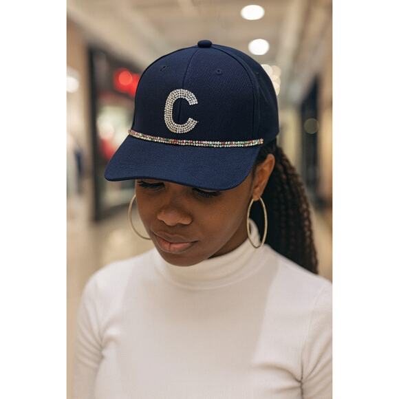 Navy blue Crystal accent Alphabet Initial letter C Shiny Bling Baseball Cap Hat - Picture 2 of 8